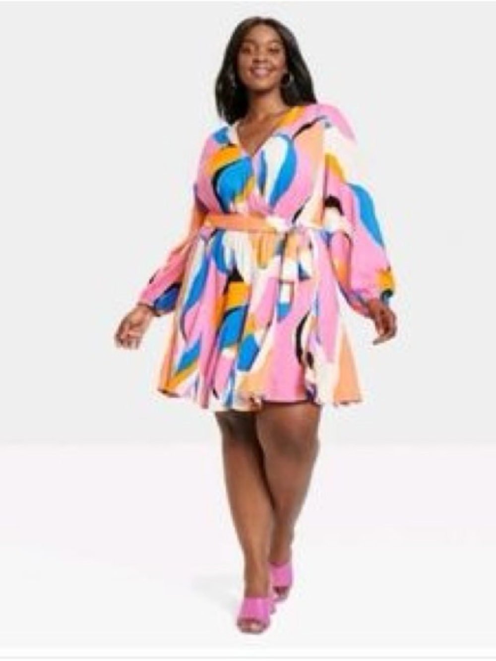 Vacation-Wear, Ava & Viv, 2x, Pink Abstract V-Neck Wrap Mini Dress